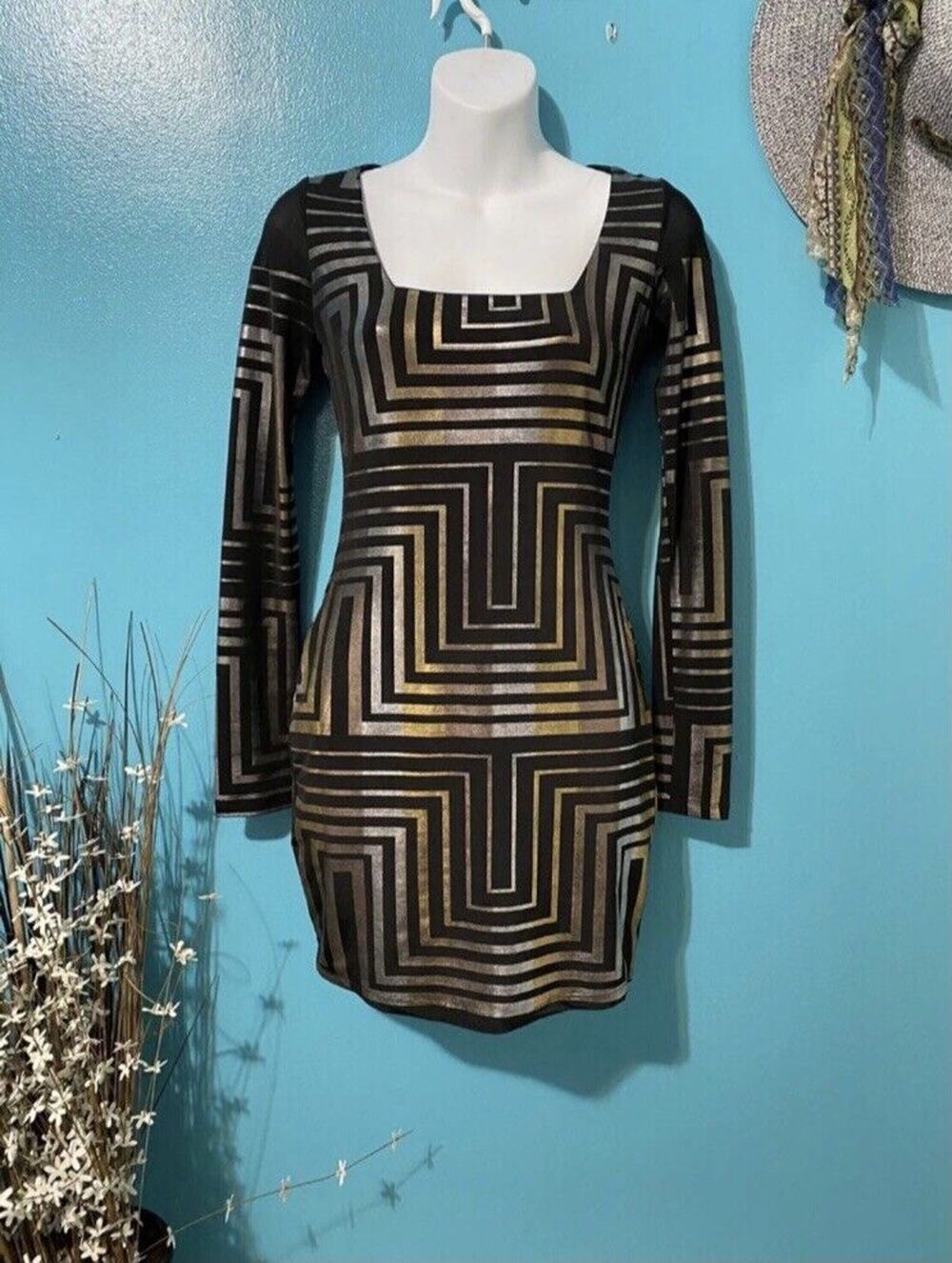Women's Y2K Bebe Addiction sexy dress body con metallic gold and black Size XS